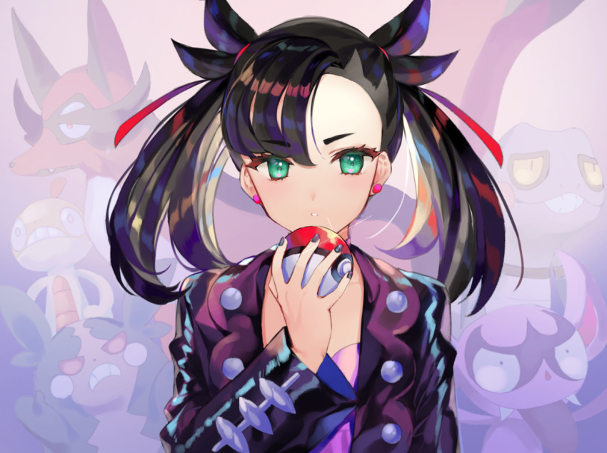 1girl aqua_eyes asymmetrical_bangs asymmetrical_hair black_choker black_hair black_jacket black_nails blush choker commentary_request croagunk dress earrings fangs fingernails gambe gen_4_pokemon gen_5_pokemon gen_8_pokemon glint green_eyes hair_between_eyes hair_ribbon hand_up holding holding_poke_ball impidimp jacket jewelry long_hair long_sleeves looking_at_viewer marnie_(pokemon) morpeko morpeko_(hangry) nail_polish nintendo open_clothes open_jacket parted_lips pink_dress poke_ball poke_ball_(basic) pokemon pokemon_(creature) pokemon_swsh red_ribbon revision ribbon scraggy solo_focus thievul tongue tongue_out twintails undercut upper_body v-shaped_eyebrows