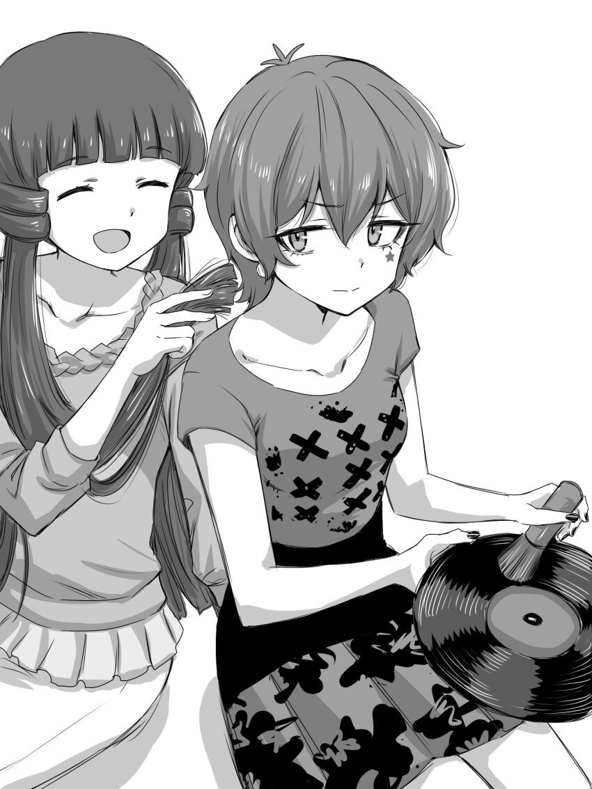 2girls :d antenna_hair blouse blunt_bangs blunt_ends breasts closed_eyes closed_mouth collarbone cowboy_shot dot_nose double-parted_bangs earrings eyelashes greyscale highres idolmaster idolmaster_million_live! idolmaster_million_live!_theater_days jewelry julia_(idolmaster) kitakami_reika long_hair looking_at_viewer matcha_kingyo medium_breasts monochrome multiple_girls official_alternate_costume open_mouth record shirt short_hair short_sleeves sidelocks simple_background sitting skirt smile straight_hair twintails v-shaped_eyebrows very_long_hair white_background