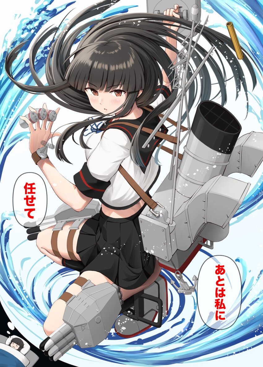 1girl black_hair black_sailor_collar black_skirt blunt_bangs brown_eyes commentary_request dreaming hatsuyuki_(kancolle) hatsuyuki_kai_ni_(kancolle) highres ichikawa_feesu kantai_collection long_hair machinery pleated_skirt sailor_collar sailor_shirt shirt skirt smokestack solo torpedo_launcher translation_request white_shirt