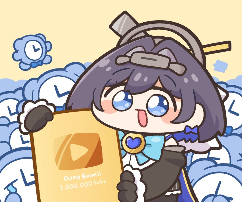 1girl absurdres alarm_clock black_gloves black_sleeves blue_bow blue_bowtie blue_eyes blue_gemstone blue_hair blush_stickers bow bow_earrings bowtie character_name chibi chibi_only clock commentary crying detached_sleeves earrings english_commentary gem gloves gold_creator_award hair_ornament halo heart-shaped_gem highres holding hololive hololive_english jewelry kronie_(ouro_kronii) looking_at_viewer mechanical_halo milestone_celebration open_mouth ouro_kronii ouro_kronii_(1st_costume) plaque short_hair simple_background smile solo streaming_tears tears underdatv virtual_youtuber yellow_background youtube_creator_award youtube_logo