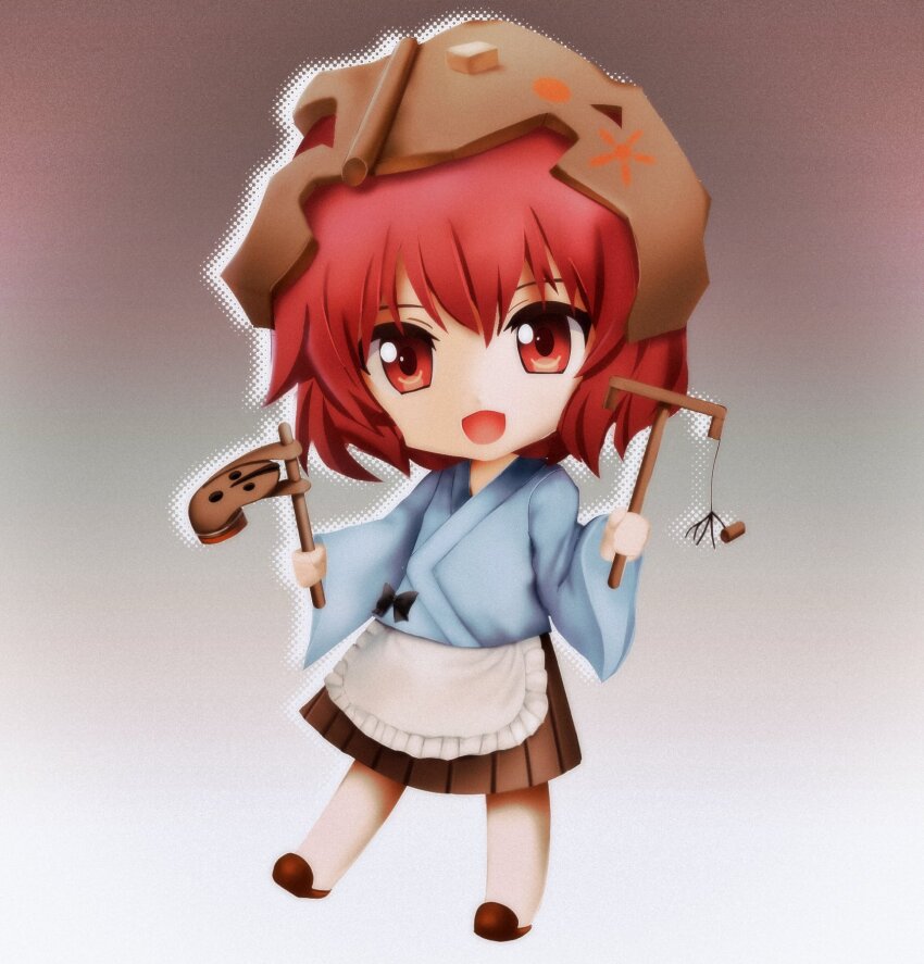 1other androgynous apron atoymk bare_legs black_bow blue_kimono bow brilliant_pagoda_or_haze_castle brown_hakama brown_helmet brown_slippers commentary deformed drop_shadow frilled_apron frills full_body gradient_background grey_background hakama hakama_short_skirt hakama_skirt haniwa_(statue) hashtag-only_commentary helmet highres holding holding_toy japanese_clothes katano_sukune kimono len&#039;en long_sleeves looking_at_viewer nendoroid open_mouth other_focus parody red_eyes red_hair short_hair short_kimono skirt slippers smile solo style_parody toy waist_apron waist_bow white_apron white_background wide_sleeves