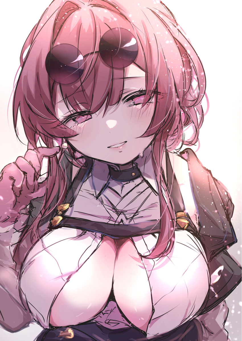 1girl breasts cleavage collared_shirt eyewear_on_head gloves highres honkai:_star_rail honkai_(series) kafka_(honkai:_star_rail) long_hair looking_at_viewer open_clothes open_shirt red_eyes red_gloves red_hair round_eyewear shirt solo straight-on sunglasses upper_body white_shirt yaki_ringo1