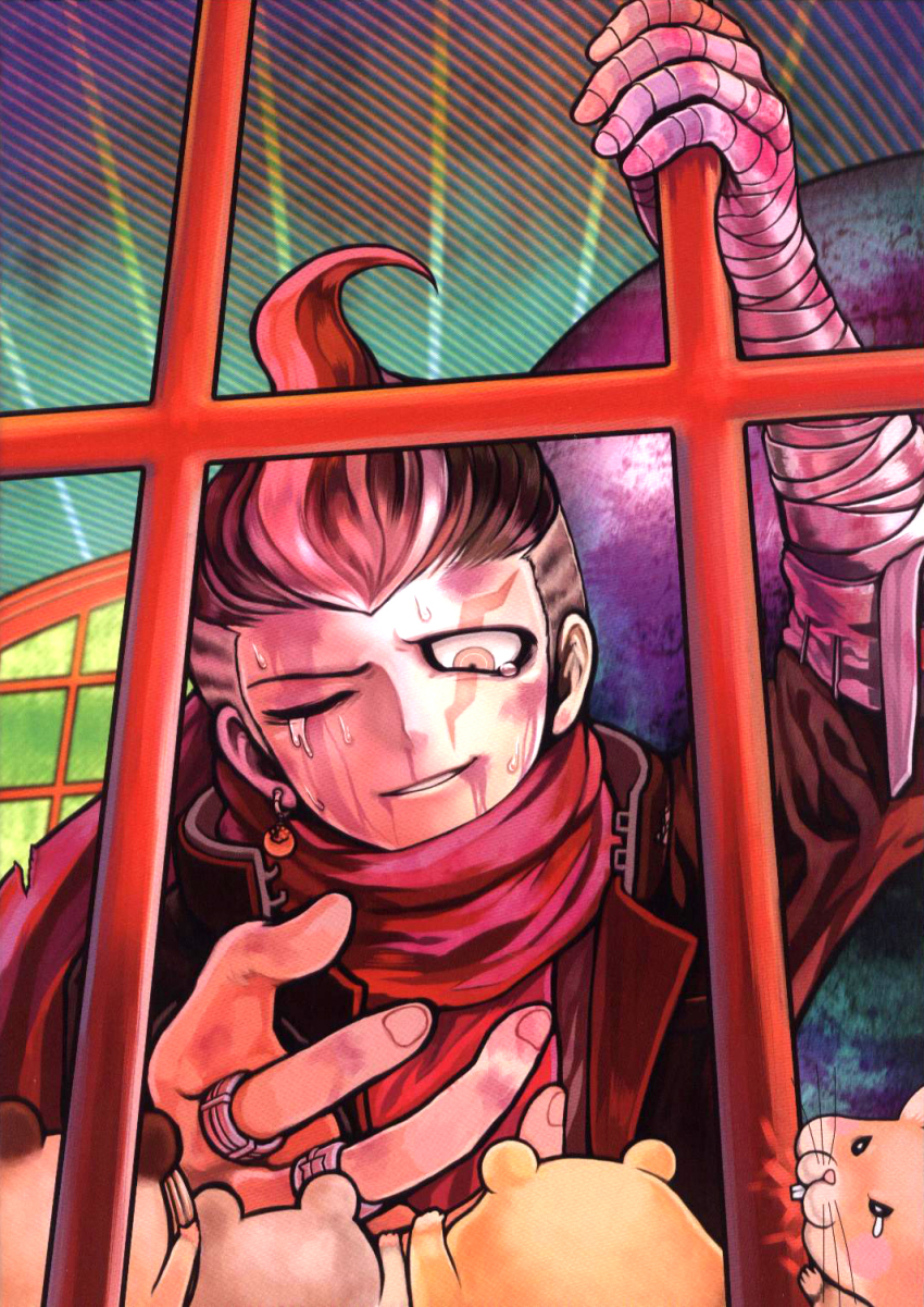 10s 1boy alternate_universe bad_end bandages black_hair blood blood_on_face cage cham-p chuunibyou crying danganronpa_(series) danganronpa_2:_goodbye_despair earrings hamster heterochromia highres jacket jewelry jum-p komatsuzaki_rui maga-g male_focus multicolored_hair non-web_source official_art outstretched_hand pink_blood ring scar scarf short_hair single_earring smile sun-d sweat tanaka_gundham tanaka_gundam tears