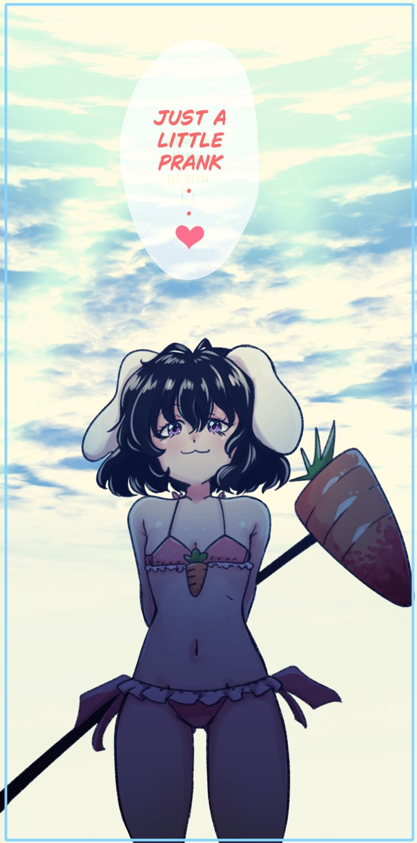1girl :3 alternate_costume alternate_eye_color ambiguous_red_liquid animal_ears arms_behind_back bikini black_hair blue_border blue_sky blush border breasts carrot cleavage closed_mouth cloud commentary cowboy_shot day dr._addamelech english_commentary english_text flat_chest floppy_ears frilled_bikini frills hair_between_eyes highres inaba_tewi inset_border kine looking_at_viewer mallet navel outdoors pink_bikini pink_eyes rabbit_ears rabbit_girl short_hair sky smile solo swimsuit touhou