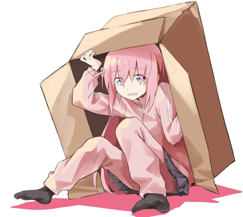 1girl black_socks blue_eyes bocchi_the_rock! box cardboard_box chiizu_ore commentary_request cube_hair_ornament eyes_visible_through_hair frown full_body gotoh_hitori hair_ornament highres jacket miniskirt one_side_up pants pants_under_skirt pink_hair pink_jacket pink_pants pleated_skirt skirt socks solo track_jacket track_pants wavy_mouth