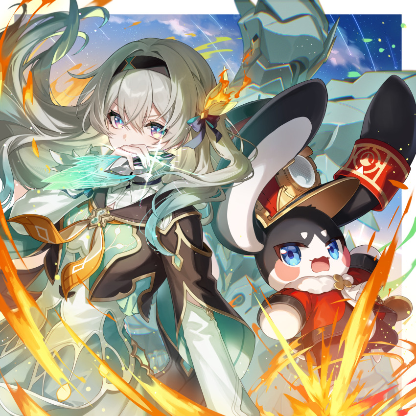 1girl 1other absurdres amaichi_esora aqua_hair black_hairband black_jacket blue_pupils cropped_jacket detached_sleeves fire firefly_(honkai:_star_rail) floating_hair flying_kick gradient_hair grey_hair hair_between_eyes hair_ornament hairband henshin_pose highres honkai:_star_rail honkai_(series) jacket kicking long_hair long_sleeves looking_at_viewer multicolored_eyes multicolored_hair official_art open_mouth pom-pom_(honkai:_star_rail) rider_kick sam_(honkai:_star_rail) shirt two-tone_eyes white_shirt