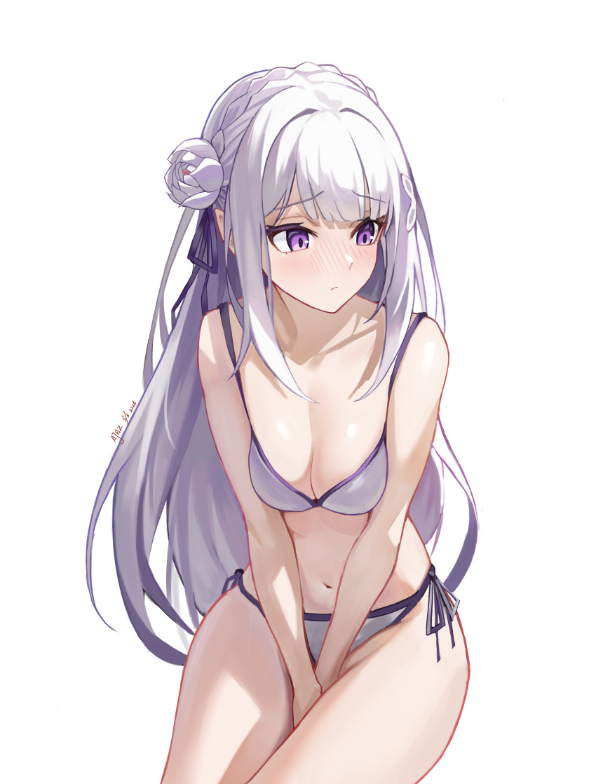 1girl absurdres ajaz_(artist) bikini braid breasts closed_mouth commentary_request crown_braid emilia_(re:zero) flower hair_flower hair_ornament highres light_blush long_hair medium_breasts navel purple_eyes re:zero_kara_hajimeru_isekai_seikatsu side-tie_bikini_bottom simple_background solo swimsuit white_background white_bikini white_hair