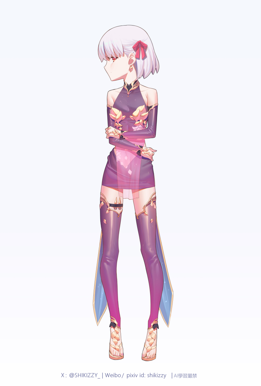 1girl absurdres armlet armor bare_shoulders bikini_armor breasts collar detached_sleeves dress earrings fate/grand_order fate_(series) flower hair_ribbon highres indian_clothes jewelry kama_(fate) kama_(first_ascension)_(fate) looking_at_viewer lotus lotus_print metal_collar pelvic_curtain pink_ribbon purple_dress purple_skirt purple_sleeves purple_thighhighs red_eyes ribbon ring shiki_zzy short_hair skirt small_breasts solo thighhighs thighlet thighs type-moon white_hair