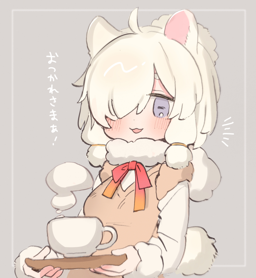 1girl :3 alpaca_ears alpaca_girl alpaca_suri_(kemono_friends) alpaca_tail animal_ears blue_eyes blush bow bowtie brown_vest cup fur_collar fur_trim hair_bun hair_over_one_eye hair_tubes highres kemono_friends long_sleeves looking_at_viewer noamem open_mouth red_bow red_bowtie short_hair smile solo sweater tail teacup translation_request tray vest white_fur white_hair white_sweater