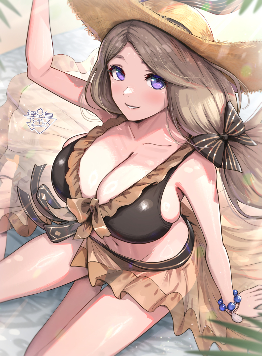 1girl absurdres alternate_costume bare_arms bare_shoulders bikini black_bikini blonde_hair blush bow bracelet breasts brown_bikini brown_sarong cleavage fire_emblem fire_emblem:_three_houses fire_emblem_heroes frilled_bikini frilled_sarong frills gonzarez grey_hair grin groin hat highres jewelry large_breasts long_hair looking_at_viewer mercedes_von_martritz mercedes_von_martritz_(summer) navel nintendo off-shoulder_bikini off_shoulder official_alternate_costume purple_eyes revision sarong see-through_clothes sitting smile solo stomach straw_hat sun_hat swimsuit thighs yellow_sarong yokozuwari