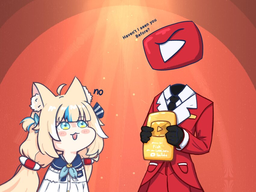 1girl ahoge animal_ear_fluff animal_ears blonde_hair blue_eyes blue_hair cat_ears dress english_text formal_clothes gold_creator_award highres indie_virtual_youtuber long_hair multicolored_hair red_suit rinfocer sameko_saba streaked_hair suit virtual_youtuber white_dress youtube youtube_creator_award