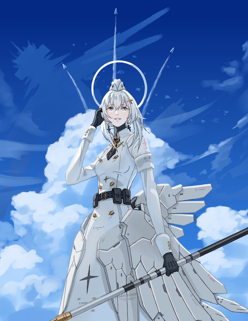 1girl absurdres armband belt belt_pouch black_belt black_gloves black_necktie cloud cross cross_earrings dress earrings garrison_cap gloves gown grey_armband grey_dress grey_eyes grey_hair hair_between_eyes hair_ornament halo hat highres holding holding_staff jewelry liv:_empyrea_(pgr) liv_(pgr) mechanical_wings necktie parted_lips pouch punishing:_gray_raven short_hair_with_long_locks sky solo staff trashpanda_11b white_armband wings x_hair_ornament