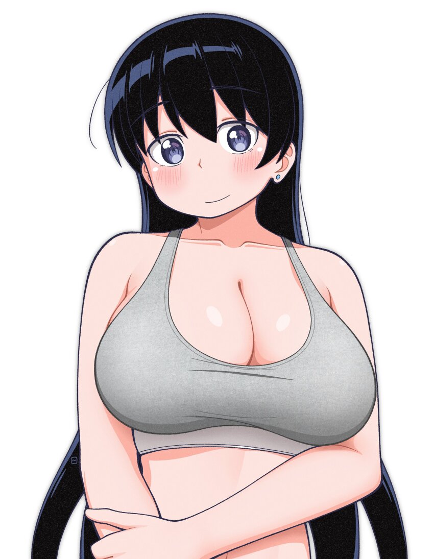 1girl absurdres arato_nagi black_hair blue_eyes blush breasts cleavage collarbone dokadayo earrings hand_on_own_arm highres jewelry large_breasts long_hair looking_at_viewer ruri_no_houseki simple_background smile solo sports_bra stud_earrings upper_body white_background