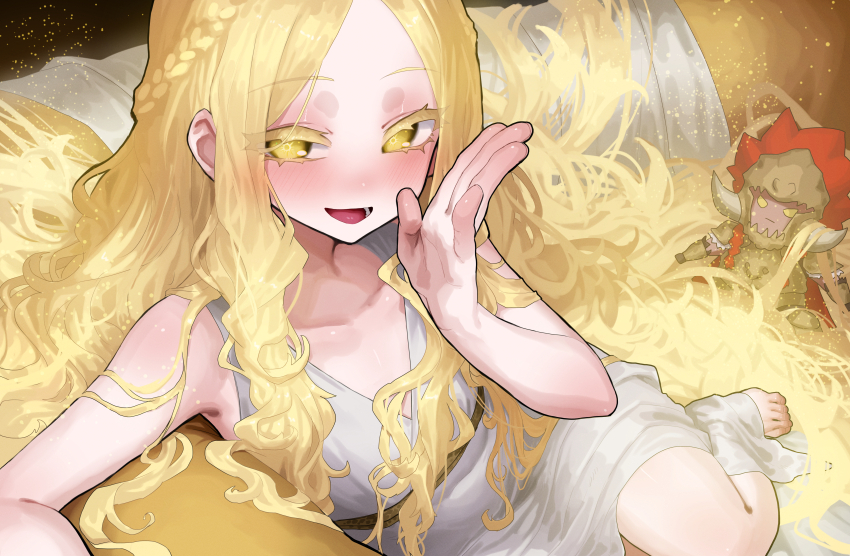 1boy absurdres androgynous barefoot bed_sheet blonde_hair blush braid character_doll collarbone colored_eyelashes commentary_request ekrea_jan elden_ring elden_ring:_shadow_of_the_erdtree hand_up highres light_particles long_hair lying male_focus miquella_(elden_ring) on_bed on_side parted_bangs promised_consort_radahn robe solo trap very_long_hair white_robe yellow_eyes