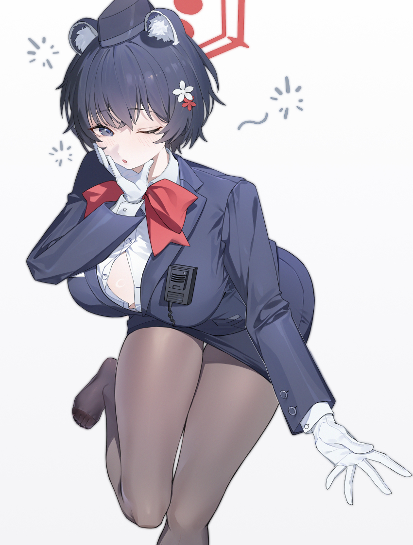 1girl absurdres animal_ear_fluff animal_ears black_hair black_pantyhose blue_archive blush bow bowtie breasts button_gap commentary_request flower foot_out_of_frame formal_clothes garrison_cap gloves grey_eyes hair_flower hair_ornament halo hat highres jacket lapels large_breasts leg_up looking_at_viewer lushi_jin_up no_shoes notched_lapels official_alternate_costume one_eye_closed pantyhose parted_lips pencil_skirt raccoon_ears red_bow red_bowtie shirt short_hair skirt sleepy solo squeans suit tsubaki_(blue_archive) tsubaki_(guide)_(blue_archive) walkie-talkie white_gloves white_shirt zzz