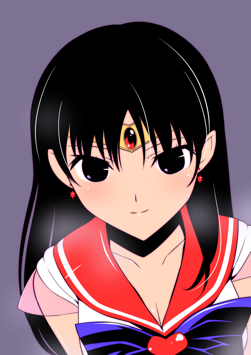 1girl animal_ears bishoujo_senshi_sailor_moon black_eyes black_hair blue_bow bow breasts circlet cleavage closed_mouth collarbone highres himehachi_(hime8manga) hino_rei long_hair magical_girl medium_breasts purple_background red_sailor_collar sailor_collar sailor_mars sailor_senshi_uniform simple_background smile solo split_mouth upper_body