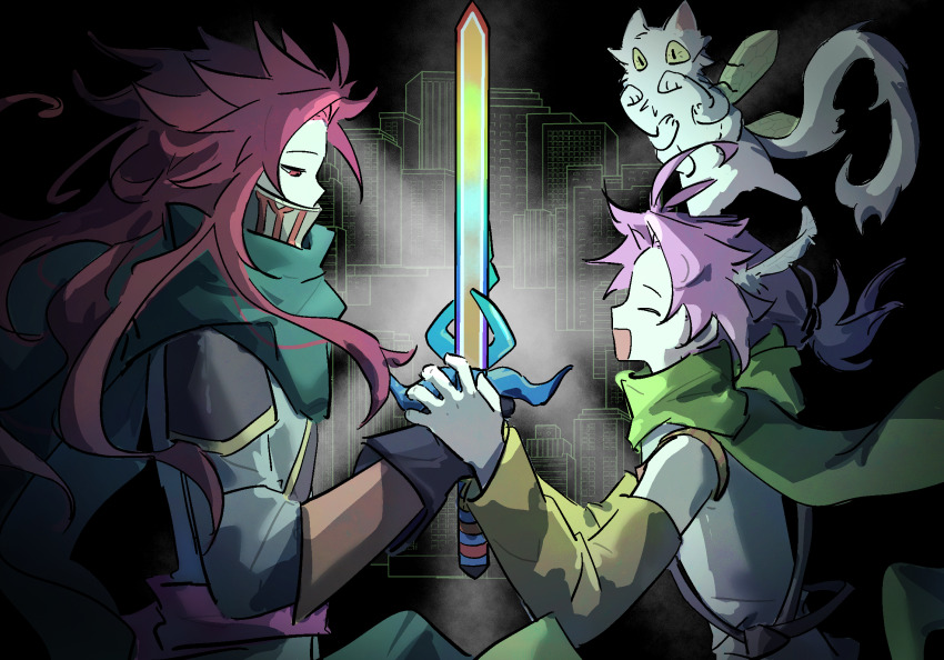 2boys antenna_hair black_background black_gloves brothers building cape chinese_commentary closed_eyes commentary_request creature detached_sleeves dita_iliner eigha_iliner from_side gloves godzylla_(saibou_shinkyoku) green_cape green_scarf grey_shirt highres holding holding_sword holding_weapon long_hair multiple_boys open_mouth pink_hair red_eyes red_hair saibou_shinkyoku scarf shirt siblings sleeveless sleeveless_shirt smile sword variant_set weapon yellow_sleeves z_(z656284462)