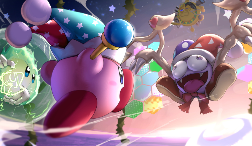 angry battle blue_eyes galactic_nova gonzarez hat highres holding holding_wand honeycomb_(pattern) jester_cap kirby kirby_(series) kirby_super_star marx_(kirby) mirror_kirby nintendo plasma_wisp purple_eyes running space tongue tongue_out wand