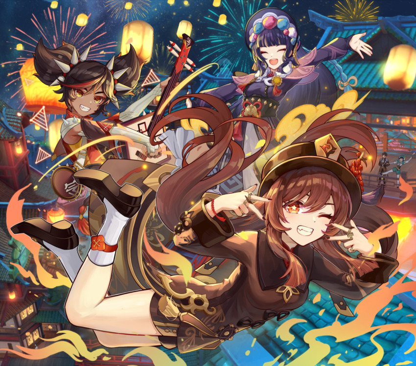 2boys 3girls :d ^_^ aerial_fireworks architecture blue_hair blunt_bangs brown_hair closed_eyes dark-skinned_female dark_skin dongxu east_asian_architecture fireworks genshin_impact grin highres hu_tao_(genshin_impact) jewelry lantern multicolored_hair multiple_boys multiple_girls night one_eye_closed open_mouth outdoors paper_lantern red_hair ring smile socks spiked_hair_ornament star_(symbol) star_in_eye streaked_hair symbol_in_eye tassel two-tone_hair venti_(genshin_impact) w white_socks xinyan_(genshin_impact) yellow_eyes yun_jin_(genshin_impact) zhongli_(genshin_impact)