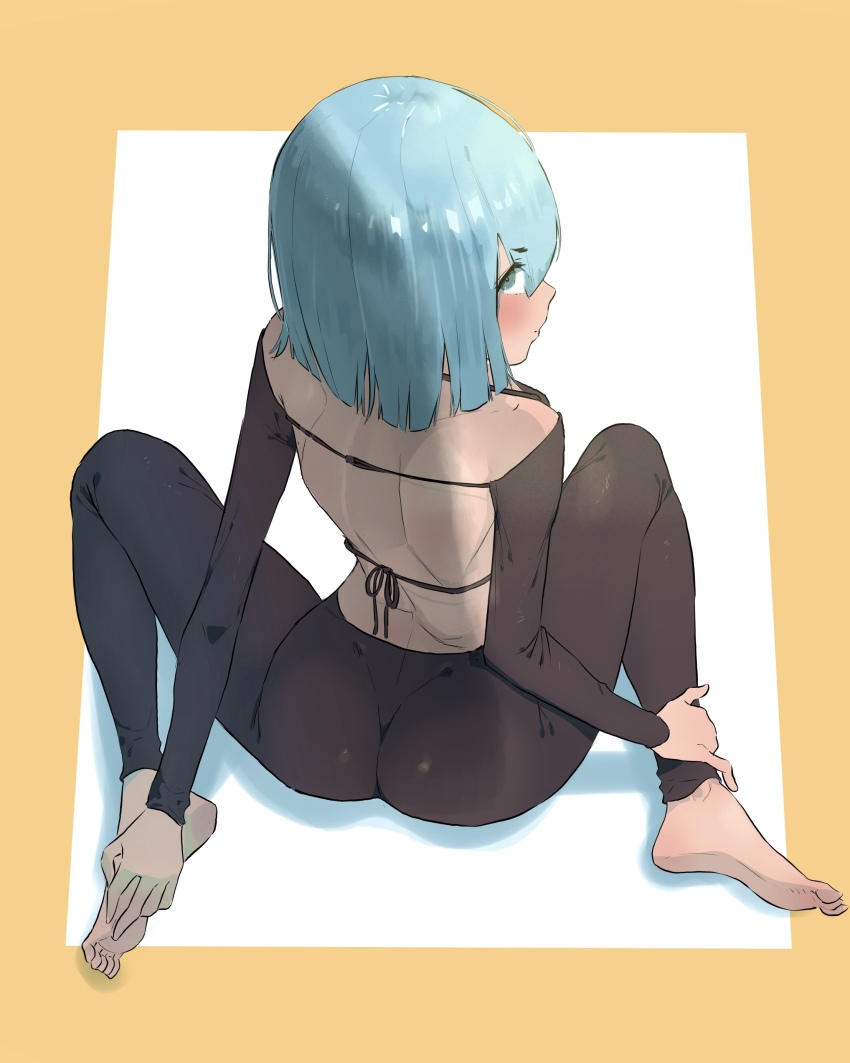 1girl 38myyyy absurdres ass back barefoot blue_eyes blue_hair blush bob_cut highres looking_at_viewer original pants sitting solo wariza yoga_pants