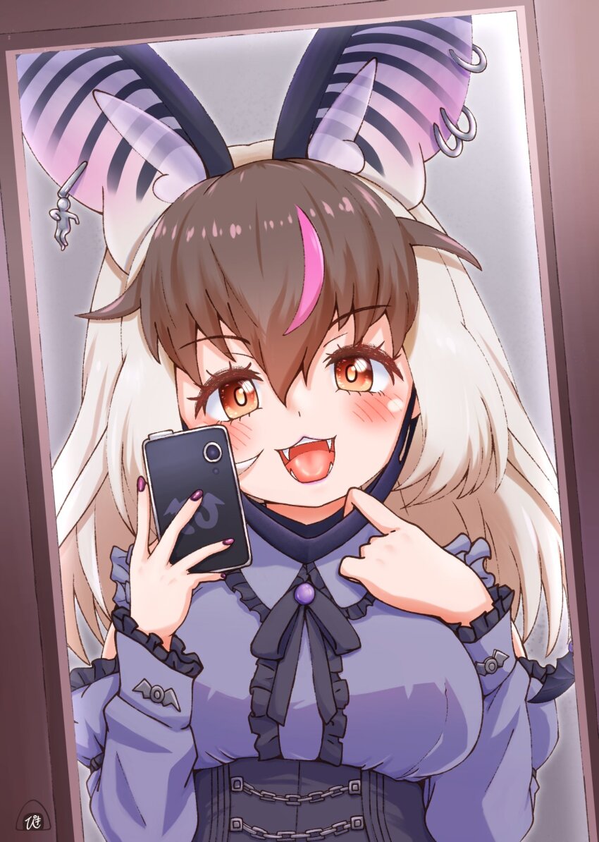1girl animal_ears bat_ears bat_girl bow bowtie brown_eyes brown_hair brown_long-eared_bat_(kemono_friends) cellphone dress earrings extra_ears grey_hair highres jewelry kemono_friends kemono_friends_v_project long_hair mask mirror multicolored_hair nail_polish phone piki_(zuru-pikio) selfie shirt skirt smartphone solo streaked_hair upper_body virtual_youtuber