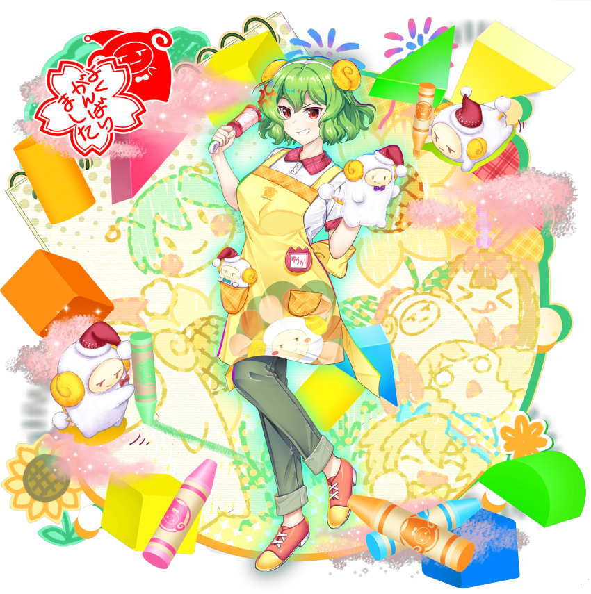 1girl alternate_costume anger_vein angry apron crack crayon cube cylinder drawing_(action) drawing_(object) fake_horns flower game_cg green_hair hairband highres holding horn_hairband horns kazami_yuuka kindergarten_teacher looking_at_viewer luna_child name_tag official_art pants print_apron red_eyes rotte_(1109) shirt shoes solo star_sapphire sunflower sunny_milk third-party_source touhou touhou_lostword translation_request transparent_background white_shirt wriggle_nightbug yellow_apron