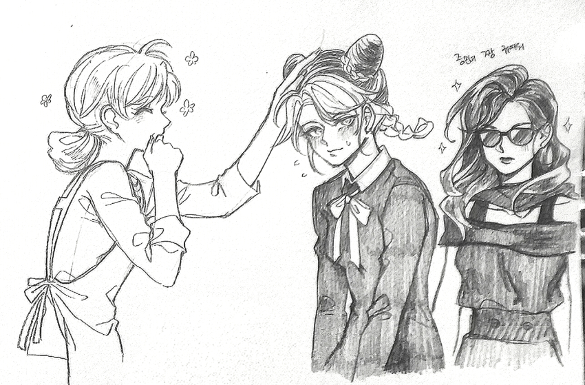 3girls apron battle_tendency braid breasts bun_with_braided_base commentary_request dress flying_sweatdrops grandmother_and_granddaughter graphite_(medium) greyscale headpat jojo_no_kimyou_na_bouken korean_text kujo_holy kuujou_jolyne lipstick lisa_lisa makeup monochrome multiple_girls sempon_(doppio_note) small_breasts smile sparkle stardust_crusaders stone_ocean sunglasses sweatdrop traditional_media translation_request