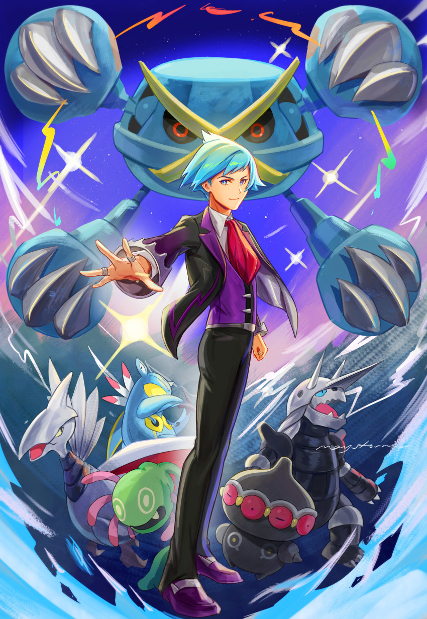 1boy absurdres aggron armaldo belt belt_buckle black_jacket black_pants blue_eyes blue_hair buckle claydol clenched_hand closed_mouth collared_shirt commentary cradily full_body gen_2_pokemon gen_3_pokemon highres jacket jewelry long_sleeves male_focus mayst0rm mega_metagross mega_pokemon metagross necktie nintendo open_clothes open_jacket pants pokemon pokemon_(creature) pokemon_oras purple_footwear purple_vest red_necktie ring shirt shoes short_hair skarmory smile spiked_hair standing steven_stone vest white_shirt