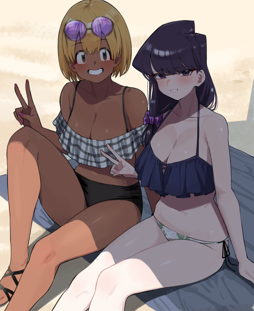 2girls ayatak0517 bikini black_hair blonde_hair blush breasts cleavage collarbone commentary_request dark-skinned_female dark_skin eyewear_on_head fingernails hair_ornament hair_over_shoulder hair_scrunchie highres komi-san_wa_komyushou_desu komi_shouko large_breasts long_hair looking_at_viewer manbagi_rumiko mat mismatched_bikini multiple_girls nail_polish navel off-shoulder_bikini off_shoulder outdoors scrunchie shade short_hair sitting smile stomach swimsuit tan tinted_eyewear v