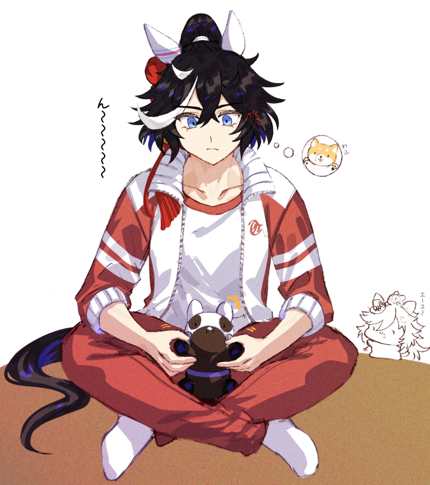 2girls animal_ears black_hair blue_eyes chibi chibi_inset closed_mouth collarbone dog gym_uniform highres holding holding_stuffed_toy horse_ears horse_girl horse_tail indian_style jacket jagaimobeniko katsuragi_ace_(umamusume) mr._c.b._(umamusume) multicolored_hair multiple_girls open_clothes open_jacket pants ponytail red_jacket red_pants shirt short_hair signature sitting sleeves_pushed_up socks solo speech_bubble streaked_hair stuffed_toy tail thought_bubble track_jacket track_pants umamusume white_background white_shirt white_socks