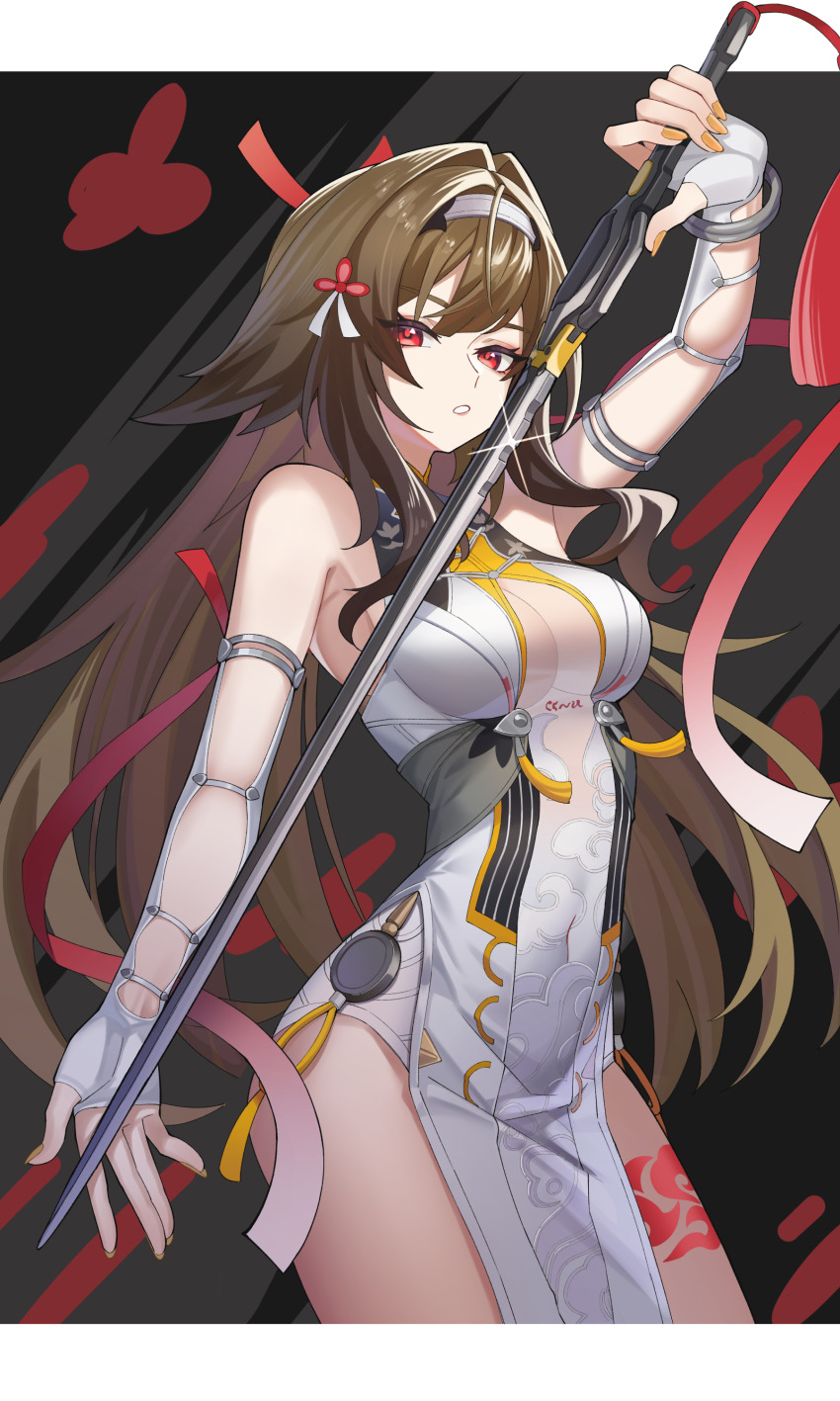 1girl absurdres animal_ears bare_shoulders black_background breasts brown_hair china_dress chinese_clothes cleavage cleavage_cutout clothing_cutout clover clover_hair_ornament commentary_request dress eyeshadow hair_ornament hanfu highres holding holding_sword holding_weapon large_breasts leg_tattoo long_hair looking_at_viewer makeup mikiseriavoid no_tail open_mouth partial_commentary pelvic_curtain red_eyeshadow side_slit sleeveless solo sword tail tattoo very_long_hair weapon white_hanfu ye_shunguang zenless_zone_zero