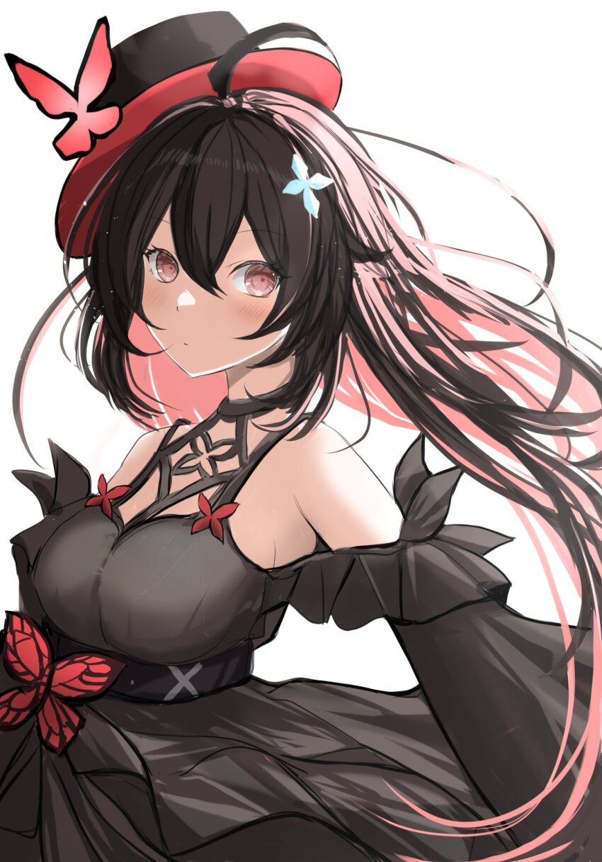 1girl bare_shoulders black_dress black_hair black_hat butterfly_hat_ornament clothing_cutout colored_inner_hair commentary_request dress floating_hair hair_between_eyes hat hat_ornament highres honkai_(series) honkai_impact_3rd long_hair long_sleeves looking_at_viewer multicolored_hair red_eyes red_hair seele_(alter_ego) seele_vollerei seele_vollerei_(papilio_lily) seele_vollerei_(swallowtail_phantasm) shoulder_cutout solo two-tone_hair unifox0123 very_long_hair