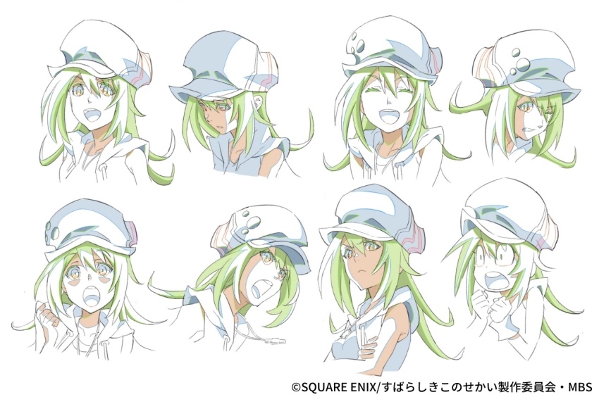 1girl newsboy_cap clenched_teeth closed_mouth facial_expressions female_focus hat long_hair looking_at_viewer misaki_shiki multiple_views official_art open_mouth simple_background smile subarashiki_kono_sekai surprised teeth upper_body upper_teeth_only