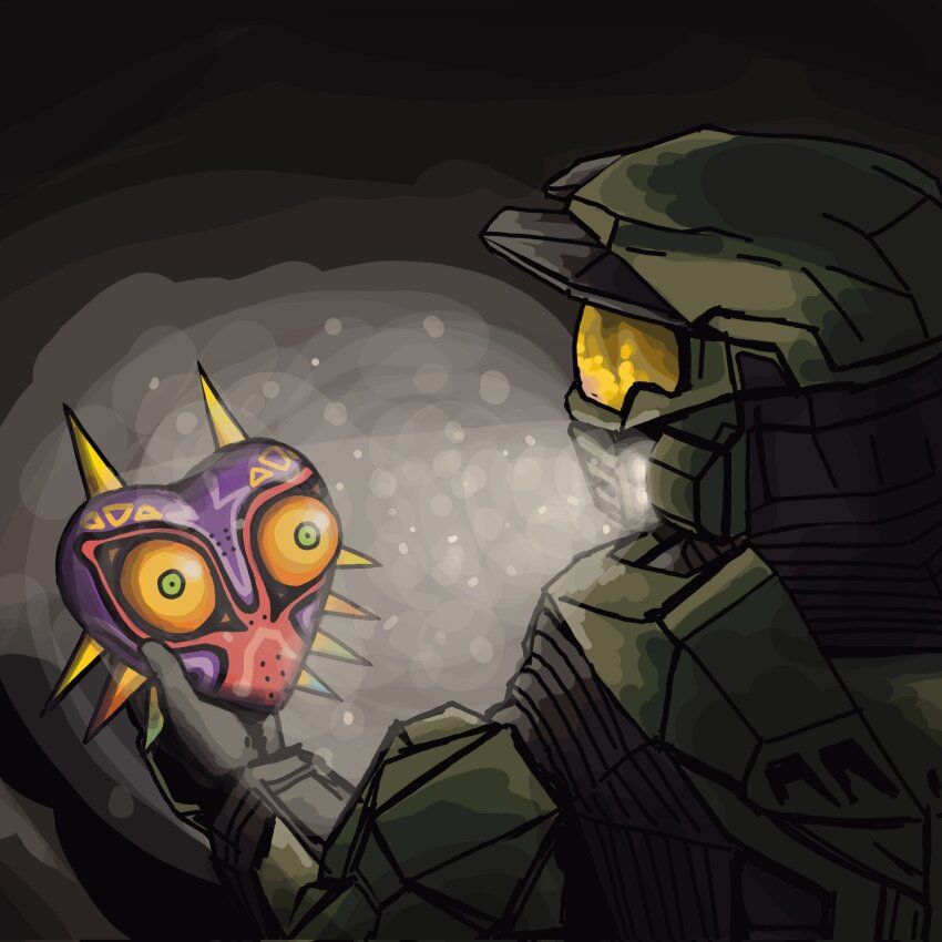 assault_visor black_gloves commentary crossover english_commentary gloves green_helmet halo:_combat_evolved halo_(series) helmet highres holding holding_mask jj_rabbid looking_down majora_(entity) mask master_chief nintendo spartan_(halo) the_legend_of_zelda the_legend_of_zelda:_majora&#039;s_mask