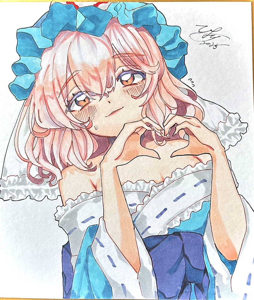1girl absurdres bare_shoulders blue_hat blue_kimono blue_sash breasts brown_eyes cleavage dated hat heart heart_hands highres japanese_clothes kimono long_sleeves looking_at_viewer medium_hair mob_cap obi off_shoulder pink_hair ribbon-trimmed_sleeves ribbon_trim saigyouji_yuyuko sash shikishi shirt signature simple_background smile solo touhou traditional_media triangular_headpiece uchisaki_himari upper_body veil white_background white_shirt white_veil