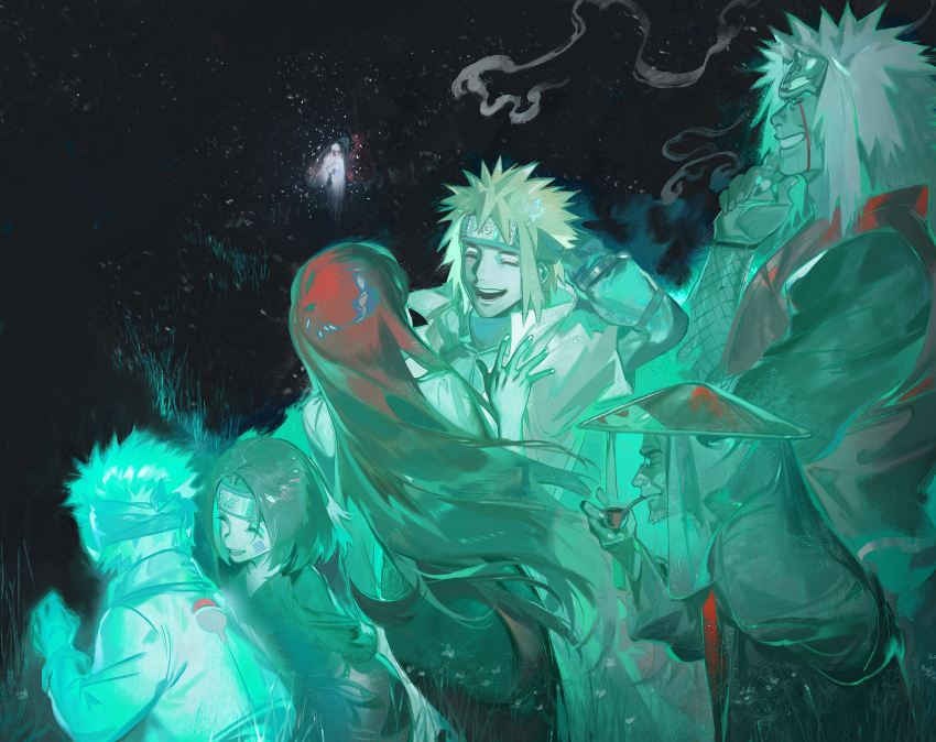 2girls 4boys black_hair cheekbones child closed_eyes facial_mark facing_another forehead_protector ghost green_theme grin hand_on_own_chin happy hex_6shui highres jiraiya_(naruto) laughing lighting_cigarette long_hair multiple_boys multiple_girls namikaze_minato naruto_(series) naruto_shippuuden ninja nohara_rin ootsutsuki_hagoromo profile red_hair sarutobi_hiruzen scratching_head short_hair smile smoke spiked_hair stroking_own_chin uchiha_obito upper_body uzumaki_kushina very_long_hair