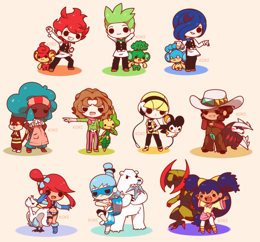 4girls 6+boys :d apron arm_up artist_name beartic black_pants black_shirt black_vest blue_bow blue_bowtie blue_footwear blue_gloves blue_hair blue_pants bow bowtie brothers brown_footwear brown_jacket brown_pants brycen_(pokemon) burgh_(pokemon) chili_(pokemon) cilan_(pokemon) clay_(pokemon) clenched_hands closed_eyes closed_mouth commentary cowboy_hat crossed_arms dark-skinned_female dark-skinned_male dark_skin elesa_(pokemon) emolga english_commentary excadrill eye_mask eyelashes fang gen_5_pokemon gloves green_bow green_bowtie green_hair hair_bun hair_over_one_eye half-closed_eyes hand_on_own_hip hands_in_pockets hat haxorus high_heels highres iris_(pokemon) jacket koki_arts leavanny lenora_(pokemon) long_hair long_sleeves medium_hair midriff multiple_boys multiple_girls navel nintendo open_mouth outstretched_arm panpour pansage pansear pants pink_apron pink_background pink_bow pink_pants pink_scarf pokemon pokemon_(creature) pokemon_bw purple_hair red_bow red_bowtie red_hair red_shirt scarf sharp_teeth shirt shoes short_hair short_hair_with_long_locks short_sleeves siblings simple_background single_bare_shoulder skyla_(pokemon) sleeveless sleeveless_jacket sleeveless_shirt smile standing standing_on_one_leg striped_clothes striped_pants striped_shirt swanna teeth triplets twintails two-tone_shirt upper_teeth_only very_long_hair vest watchog white_apron white_footwear white_hat white_shirt yellow_jacket