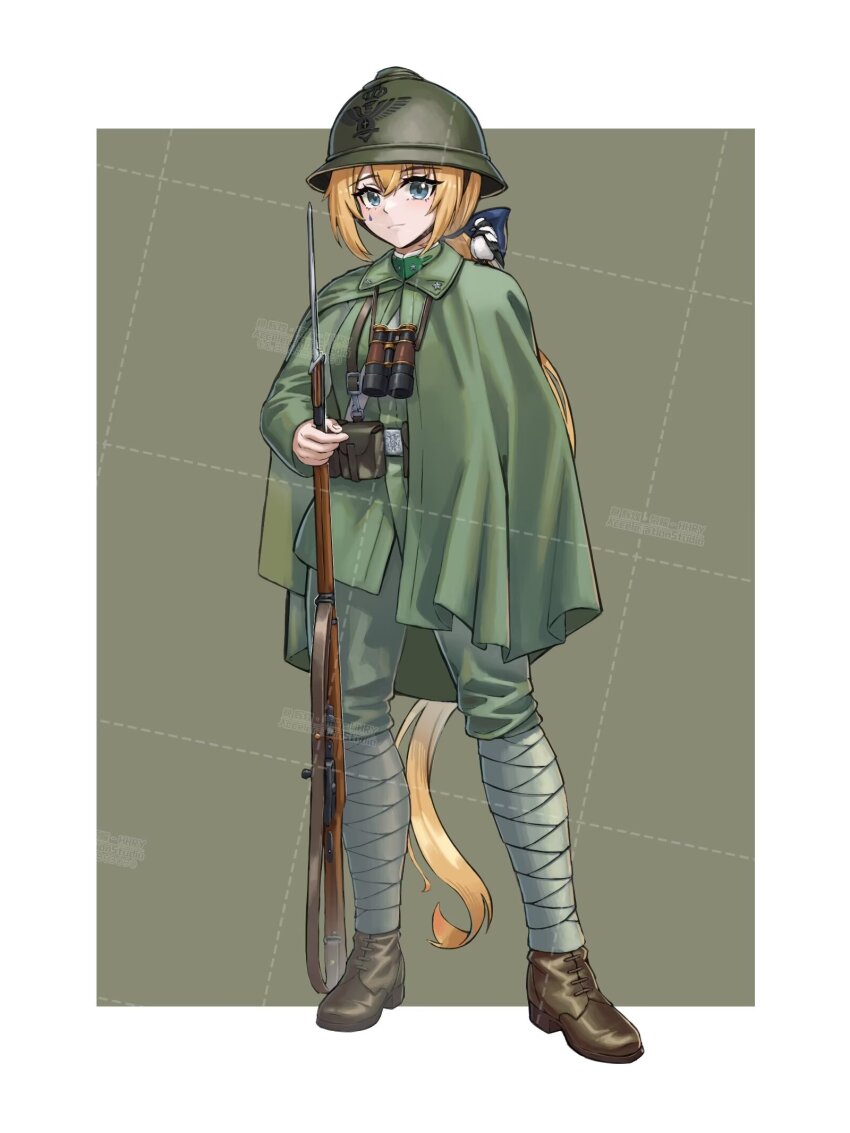 1girl belt binoculars blonde_hair blue_eyes boots cloak gun helmet highres holding holding_weapon huihuang_rongyao italia_(kancolle) italy littorio_(kancolle) long_hair military_uniform original war weapon world_war_i