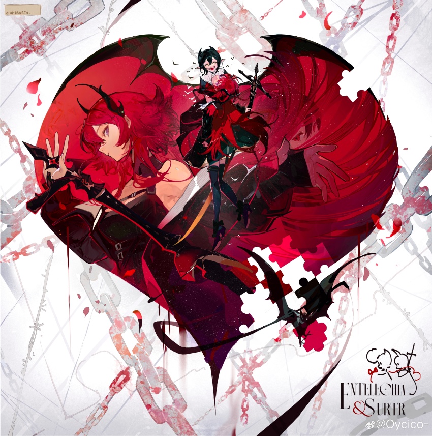 2girls absurdres arknights artist_name black_dress black_hair black_shoes black_thighhighs breasts chain character_name closed_eyes dress entelechia_(arknights) fingerless_gloves gloves heart high_heels highres looking_at_viewer medium_breasts multiple_girls pointy_ears puzzle_piece qinghejunzi red_eyes red_hair red_theme shoes short_hair short_hair_with_long_locks sidelocks smile surtr_(arknights) sword thighhighs weapon
