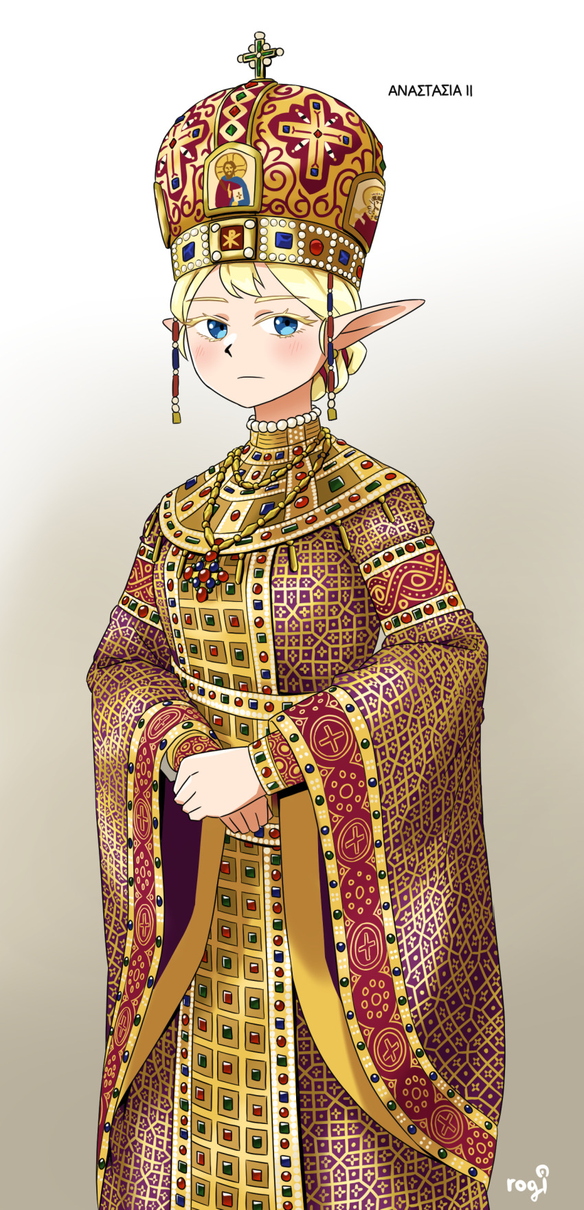 1girl absurdres blonde_hair blue_eyes byzantine_clothes byzantine_empire crown dated_commentary elf gradient_background greek_text highres jewelry necklace original own_hands_together pointy_ears rogi0615 simple_background solo standing