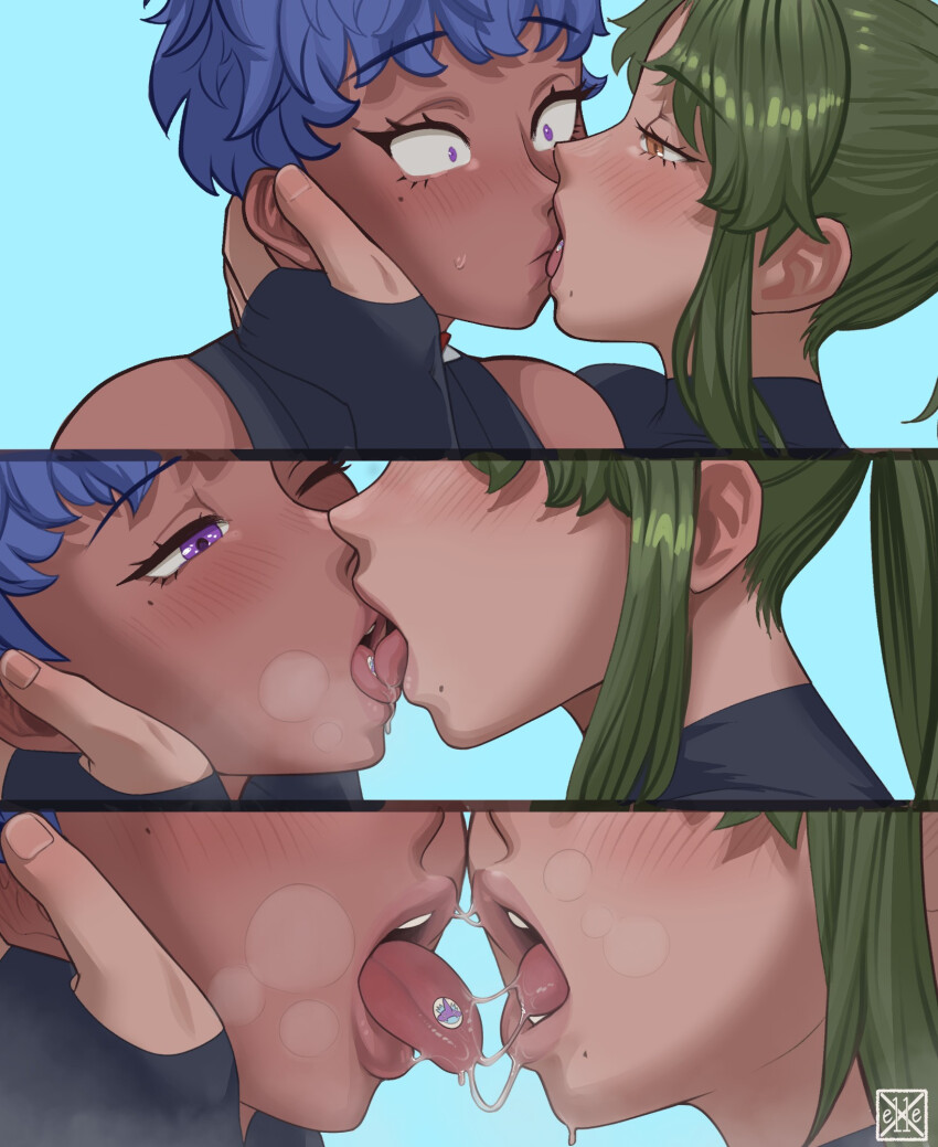 2girls blue_hair blush borrowed_character commentary dark-skinned_female dark_skin e11e english_commentary english_text french_kiss gift_art green_hair highres kiss lips long_hair mole mole_under_eye mole_under_mouth multiple_girls nintendo original pixie_cut pokemon pokemon_sv ponytail purple_eyes saliva short_hair sidelocks tomboy tongue tongue_out very_dark_skin violet_(e11e) yuri zoraida_(nyantcha)
