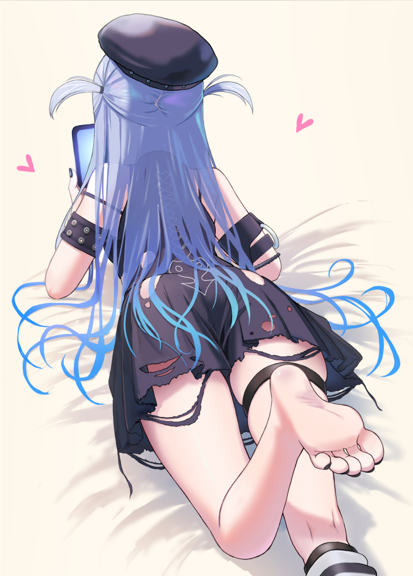1girl bare_shoulders barefoot bed_sheet beret black_hat black_nails blue_hair dress facing_away feet foot_out_of_frame foot_up from_behind gradient_hair hat heart highres holding kazumiya_yayoi kneepits legs long_hair loose_socks lying multicolored_hair on_stomach pleated_dress short_dress single_sock skindentation socks soles solo thigh_strap thighs toes torn_clothes torn_dress two_side_up very_long_hair virtual_youtuber vspo! yano_kuromu