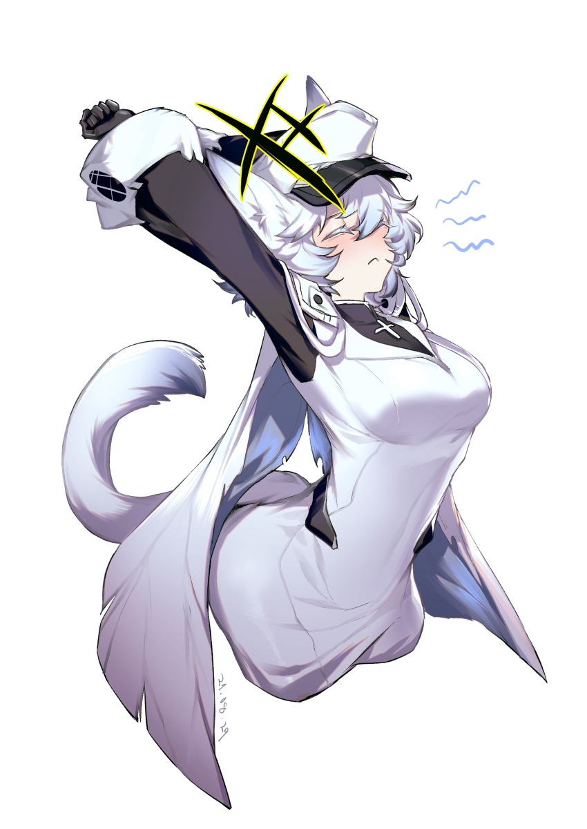 1girl absurdres alchemy_stars animal_ears arms_up black_gloves black_shirt blue_hair bodysuit breasts cape cat_ears cat_girl cat_tail closed_eyes closed_mouth colored_tips cropped_legs cross dated fengchaoqu gloves grey_hair hair_between_eyes hat highres medium_breasts multicolored_hair philyshy_(alchemy_stars) shirt short_hair solo streaked_hair stretching tail two-sided_cape two-sided_fabric white_bodysuit white_cape white_hair white_hat