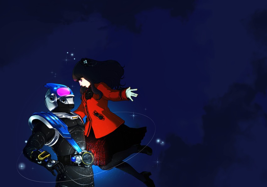 1boy 1girl armor bad_id bad_pixiv_id belt black_hair el2 hair_ornament kamen_rider kamen_rider_fourze_(series) kamen_rider_meteor kazari_(kazaliecho) long_hair night night_sky nozama_tomoko school_uniform skirt sky sparkle