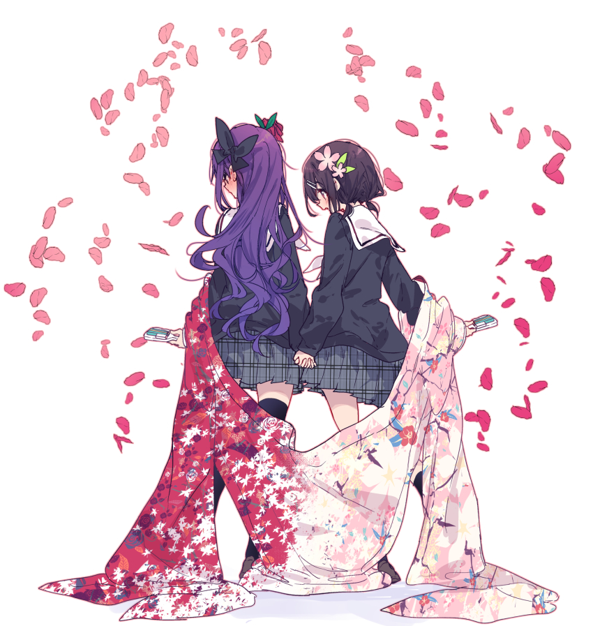 2girls arm_out_of_sleeve averting_eyes black_socks black_sweater black_thighhighs blush cherry_blossoms commentary_request ear_blush falling_petals flower from_behind full_body grey_skirt hair_flower hair_ornament hairclip hamayumiba_sou hanayamata happi highres holding holding_hands holding_instrument instrument interlocked_fingers japanese_clothes kneehighs long_hair looking_at_another low_twintails miniskirt multiple_girls naruko_(instrument) neckerchief open_mouth outline petals pink_flower pink_outline plaid_clothes plaid_skirt pleated_skirt purple_hair red_flower red_rose rose sailor_collar sasame_yaya sekiya_naru shadow shared_clothes shared_coat short_twintails sidelocks simple_background skirt socks standing sweater thighhighs twintails white_background white_neckerchief white_sailor_collar zettai_ryouiki