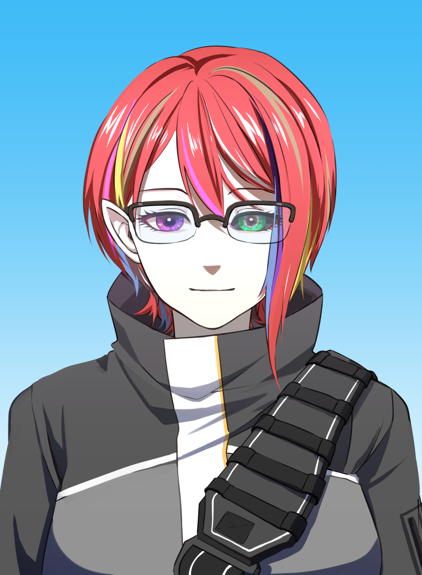 1girl absurdres black_sclera colored_sclera crossover_nexus_project crossover_nexus_series glasses green_eyes grey_eyes heterochromia highres isekai_monogatari_series kisorashi_(crossover_nexus) mismatched_sclera multicolored_eyes multicolored_hair pointy_ears purple_eyes red_hair tsang_fei