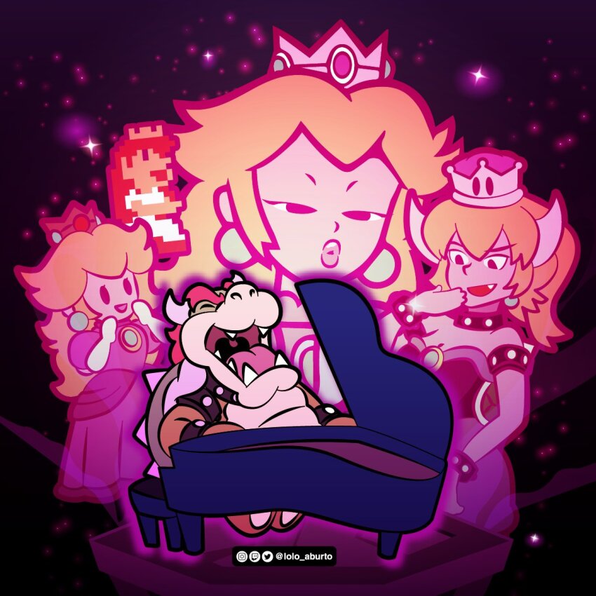 8-bit :d black_dress blonde_hair bowser bowsette chair closed_eyes crown dress earrings gloves highres horns instrument jewelry lips lolo_aburto long_hair mario_(series) music new_super_mario_bros._u_deluxe nintendo open_mouth orange_hair paper_mario piano pink_dress playing_instrument princess_peach singing sky smile star_(sky) starry_sky super_crown super_mario_bros._1 the_super_mario_bros._movie white_gloves