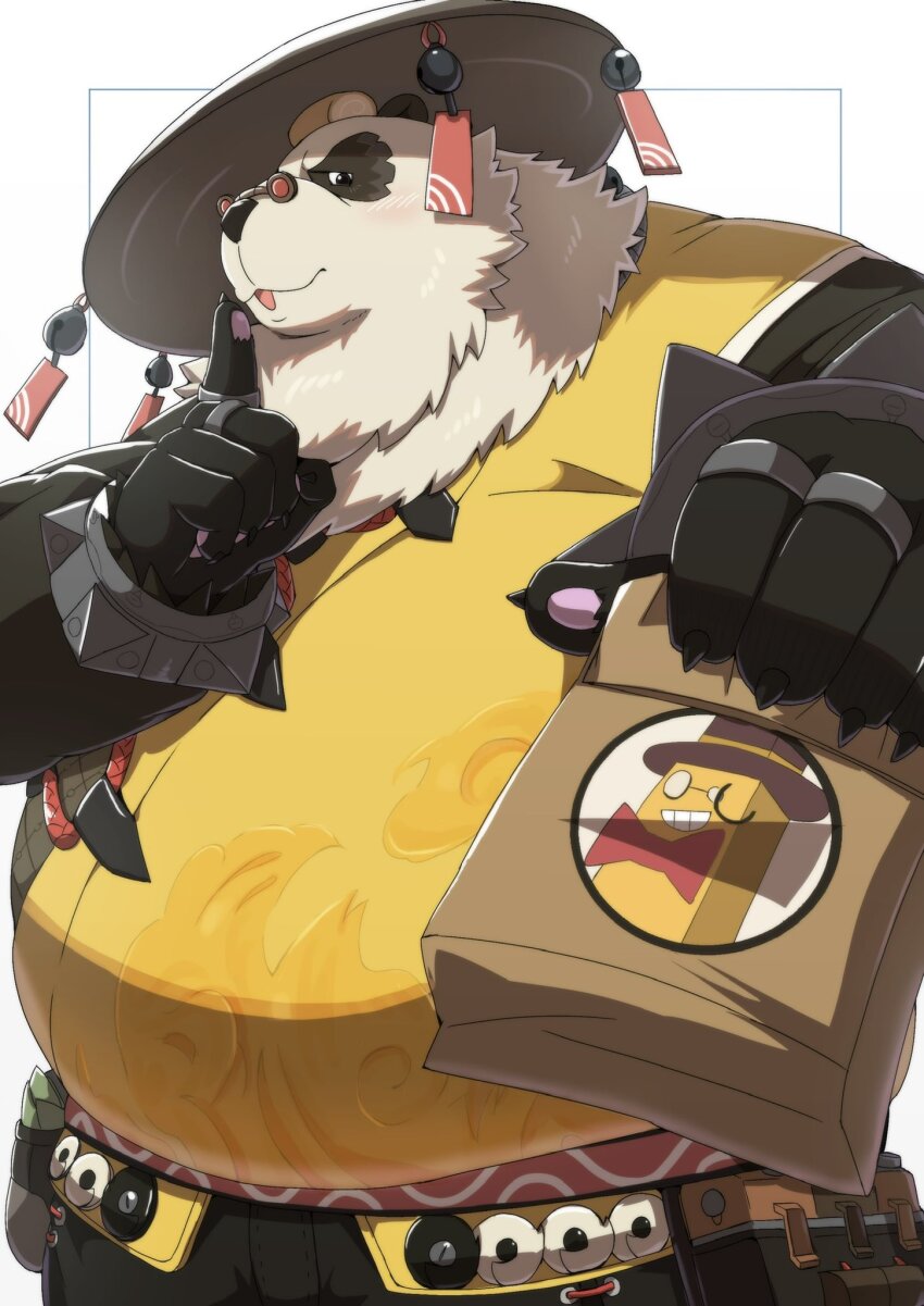 1boy animal_ears bag bara belly black_fur black_pants blush bracelet chinese_clothes claws commentary_request emu_426 fat finger_to_mouth food food_on_head furry furry_male highres holding holding_bag index_finger_raised jewelry looking_at_viewer male_focus multicolored_fur multiple_rings object_on_head open_mouth pan_yinhu panda_boy panda_ears pants paper_bag pawpads plump ring round_eyewear shirt shushing spiked_bracelet spikes white_background white_fur wok yellow_shirt zenless_zone_zero