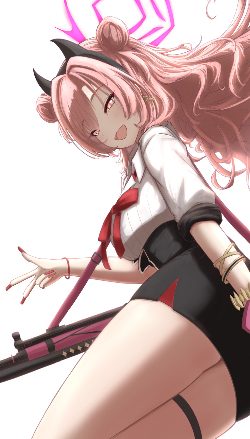 1girl assault_rifle black_choker black_skirt blue_archive bracelet breasts brown_eyes carbine cellphone choker cleavage demon_horns double_bun fake_nails fang gun h&amp;k_hk33 hair_bun halo highres holding holding_phone horns jewelry kirara_(blue_archive) large_breasts long_hair looking_at_viewer loose_neck_ribbon neck_ribbon phone pink_hair raku_(raku-san) red_nails ribbon rifle short-barreled_rifle simple_background skindentation skirt solo thigh_strap thighs weapon