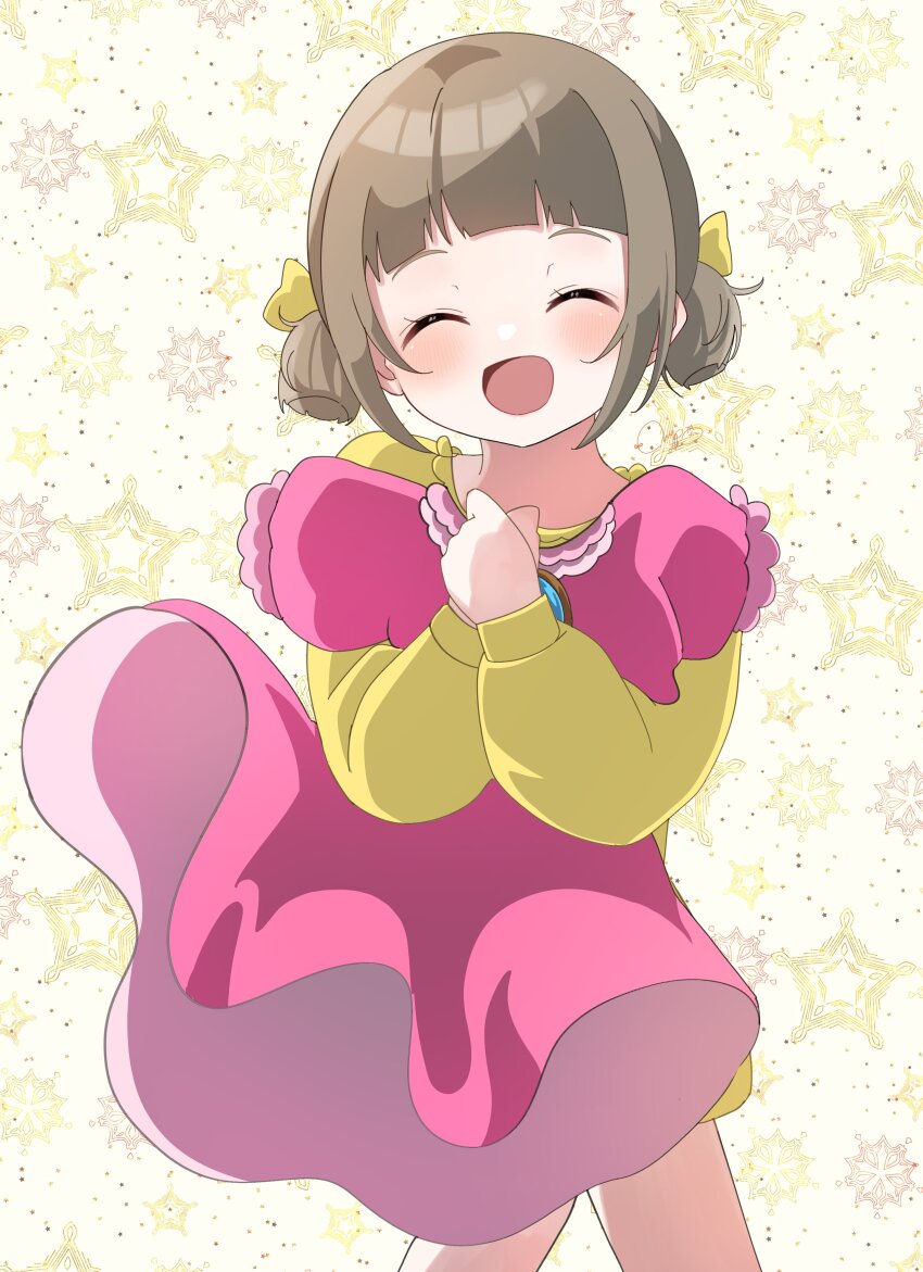 1girl absurdres aged_down blush bow child closed_eyes commentary_request dress facing_viewer hair_bow highres holding holding_unworn_clothes holding_unworn_dress long_sleeves love_live! love_live!_nijigasaki_high_school_idol_club nakasu_kasumi nyako_(utaneko31) open_mouth pink_dress short_hair short_sleeves short_twintails sidelocks smile snowflake_background solo star_(symbol) star_symbol_background twintails yellow_background yellow_bow yellow_dress